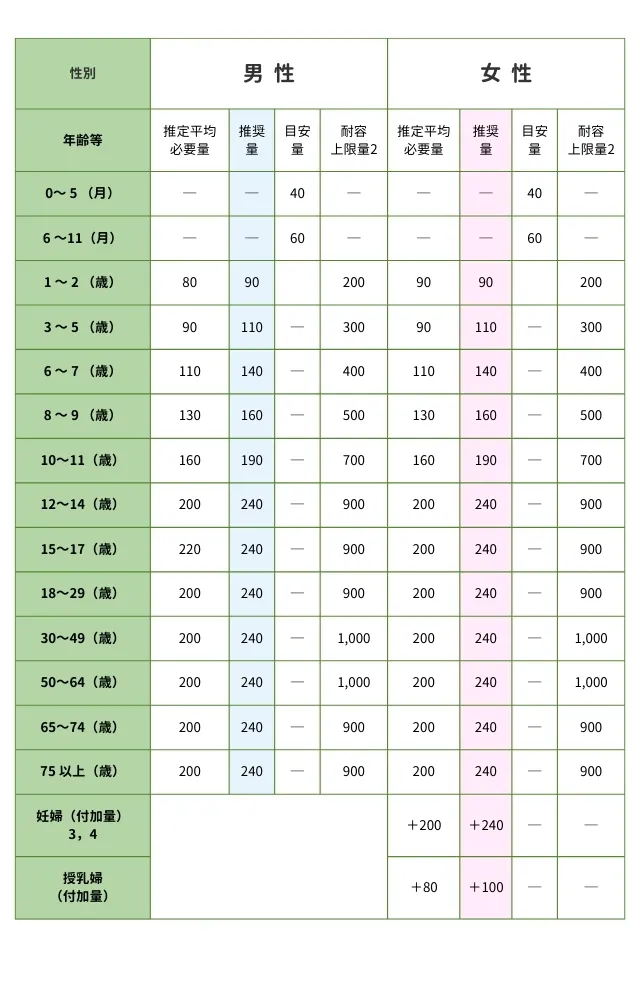 日本人の食事摂取基準（2020-年版）一覧表