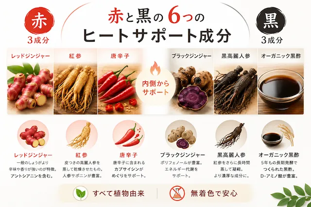 赤と黒の6つのヒートサポート成分