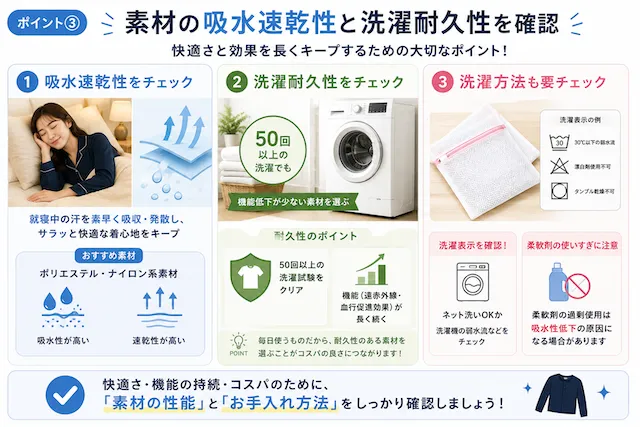 素材の吸水速乾性と洗濯耐久性を確認